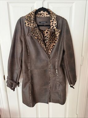 Leopard Trim Brown faux leather Coat - long - mesmerize medium
